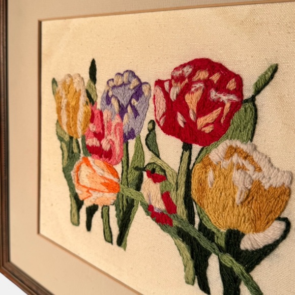 Vintage Crewel Embroidery Floral Wall Art Framed Tulips Hummingbird Matted - Picture 2 of 8